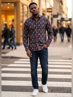 7 Downie St. Couture Barbershop Sugar Skull Shirt Day of the Dead Print Size L